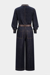 "Denim Faux Leather Patchwork Belted Long-Sleeve Jumpsuit"