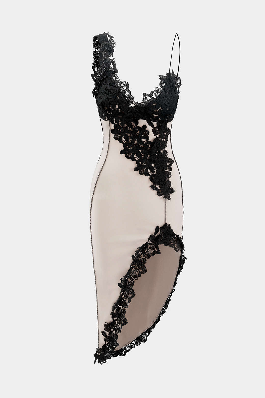 "Asymmetric Lace Panel Midi Dress"