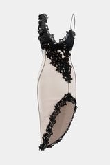 "Asymmetric Lace Panel Midi Dress"