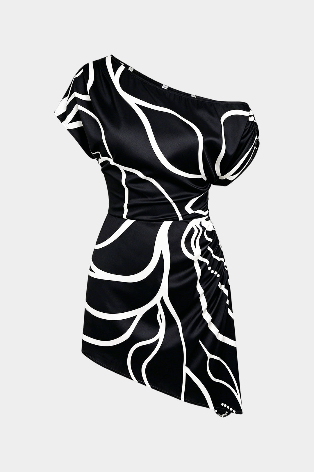 "Contrast Print Satin One Shoulder Ruched Short Sleeve Mini Dress"