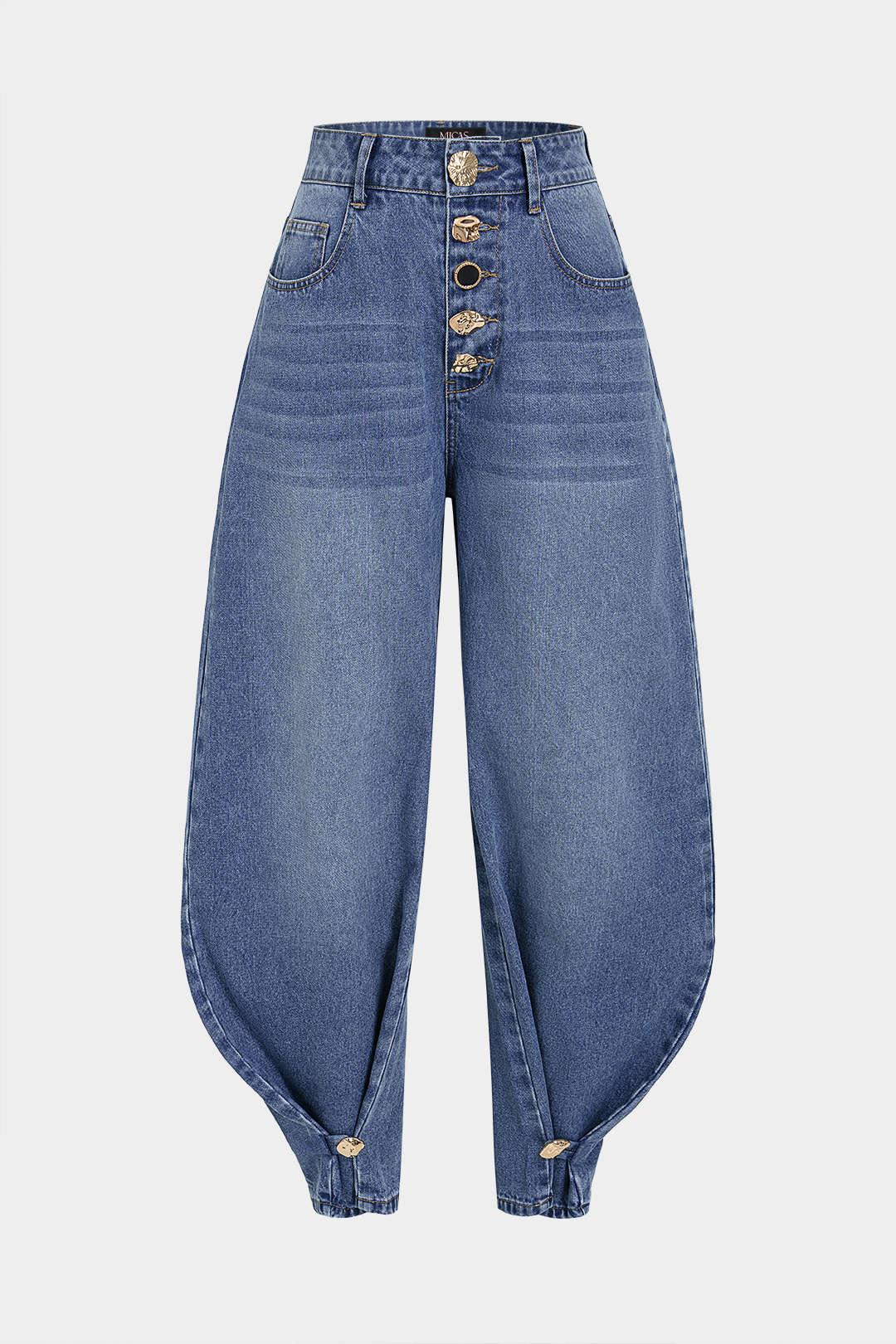 "Denim Irregular Metallic Button Pocket Balloon Jeans"