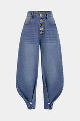 "Denim Irregular Metallic Button Pocket Balloon Jeans"