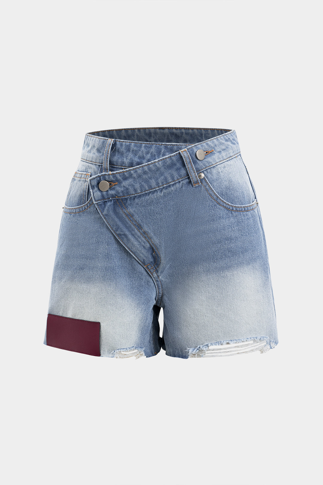 "Denim Asymmetrical Button Pocket Ripped Shorts"
