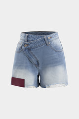 "Denim Asymmetrical Button Pocket Ripped Shorts"