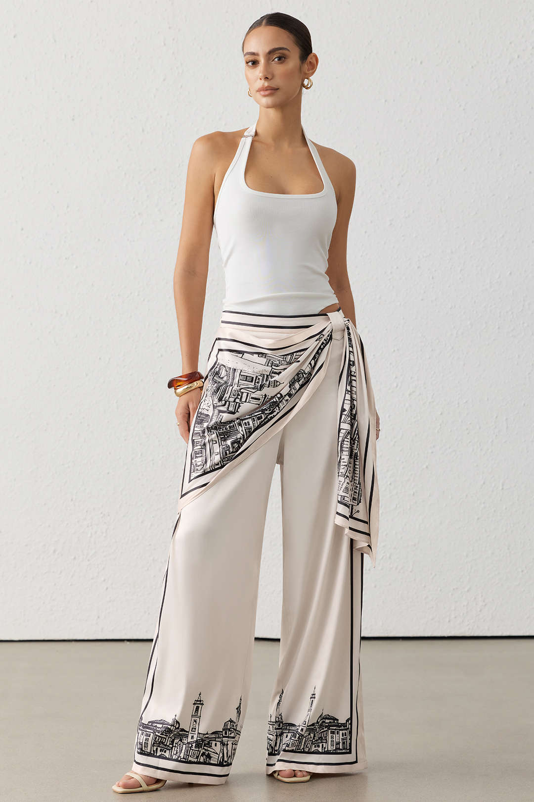 "Artistic Print Satin Ruched Asymmetrical Wide Leg Pants"