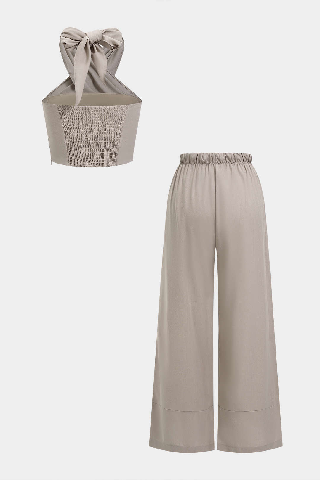 "Crossed Halter Neck Ruched Tie-Up Top And Straight Leg Pants Set"
