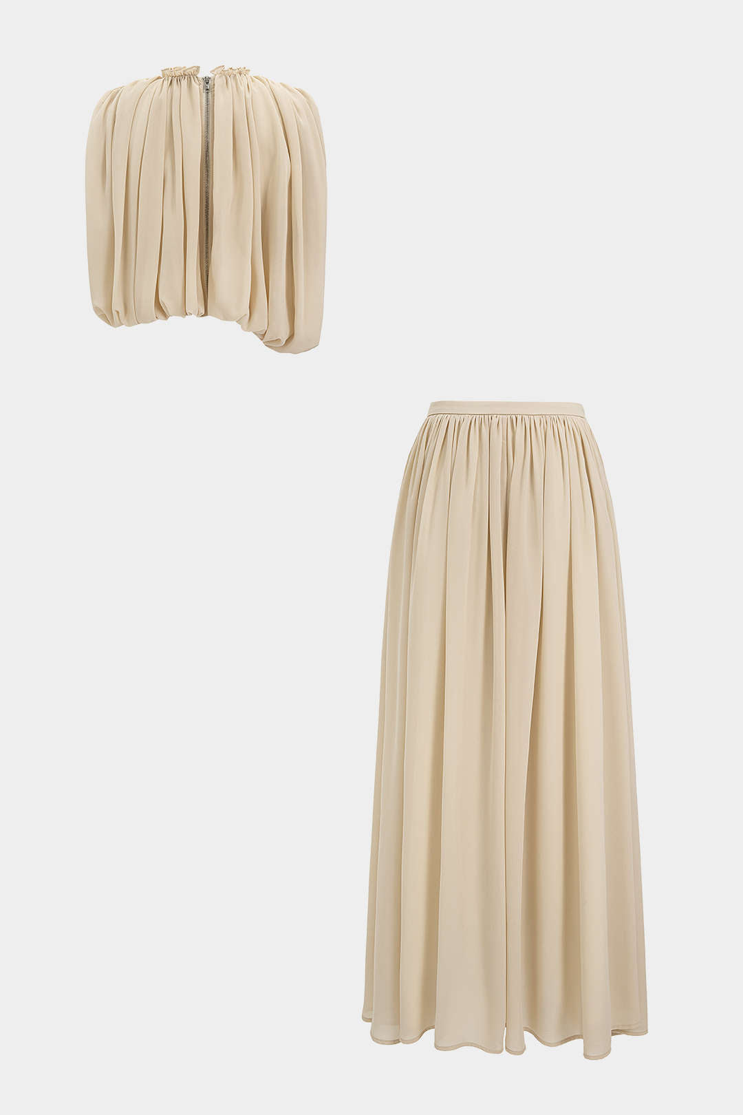 "Chiffon Round Neck Ruched Tank Top And Maxi Skirt Set"