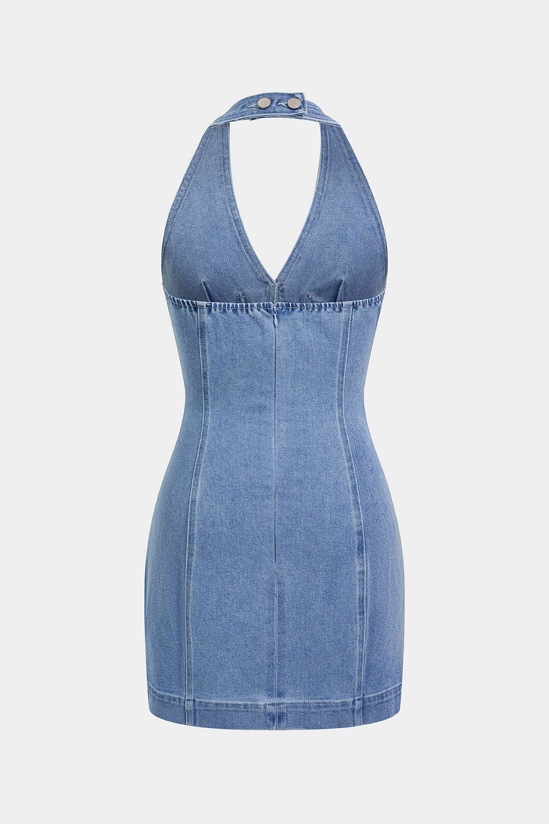 "Denim Halter V-Neck Cut Out Buckle Backless Sleeveless Dress"
