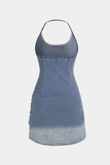 "Denim Halter Round Neck Backless Ruched Slit Mini Dress"