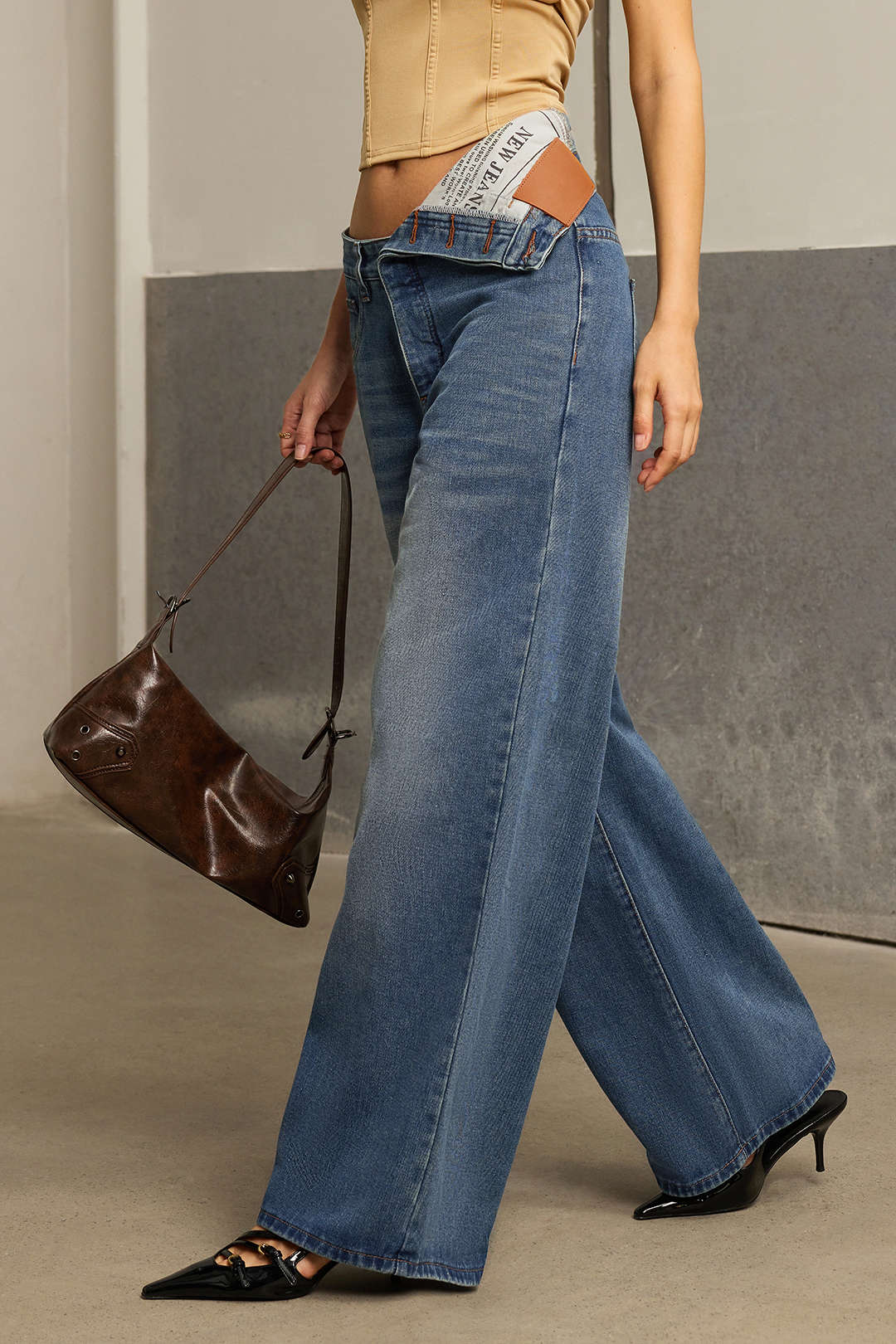 "Denim Asymmetrical High Waist Straight Leg Jeans"