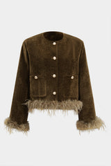 "Corduroy Patchwork Feather Trim Blazer"