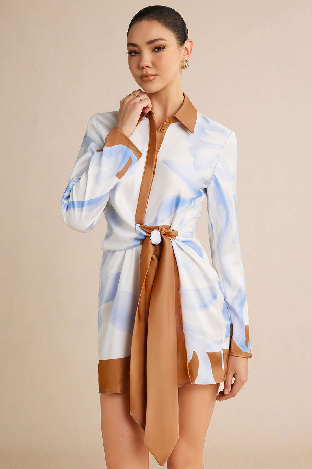 "Contrast Leaves Print Satin Tie Front Long Sleeve Mini Dress"