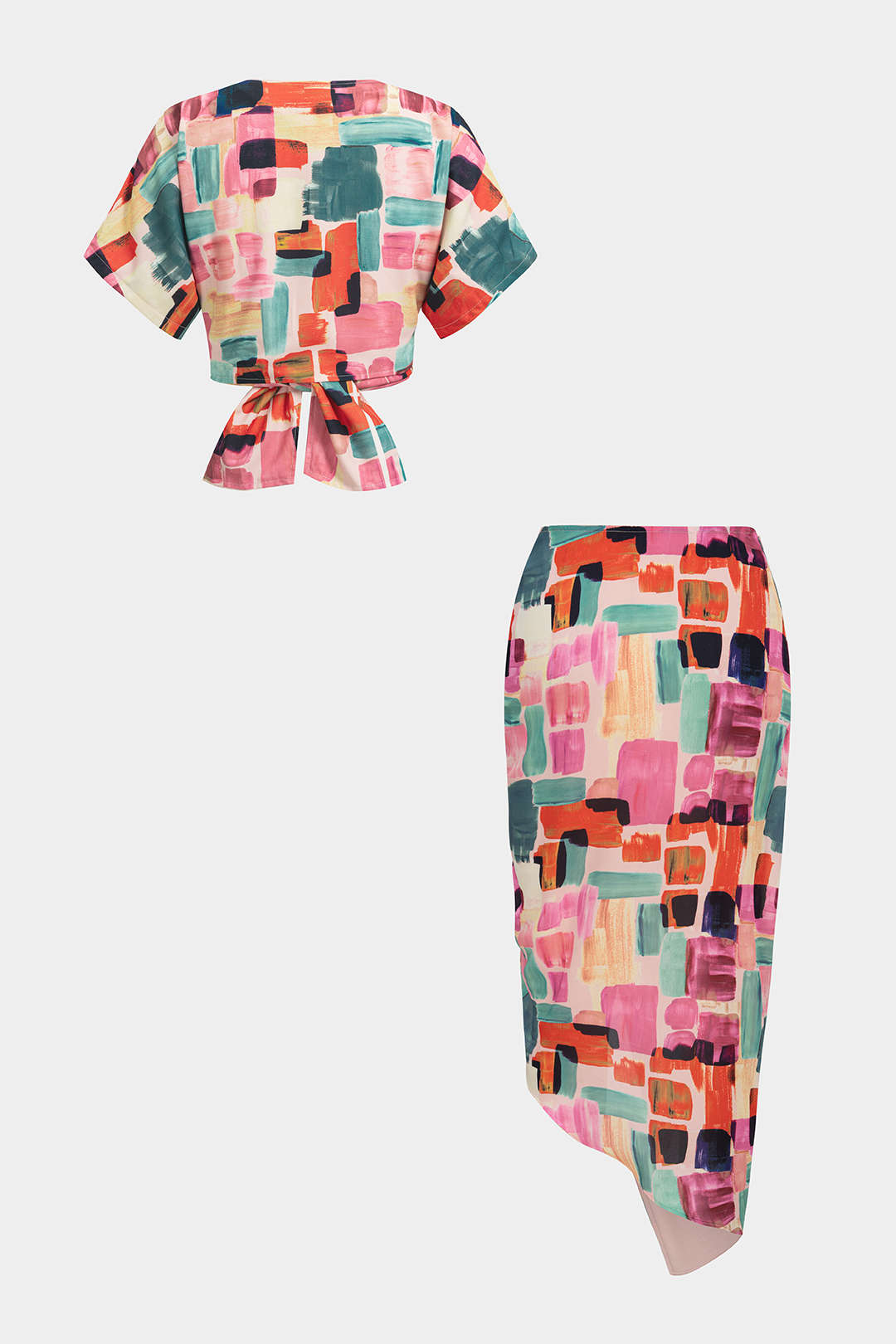 "Abstract Print V-Neck Tie-Up Short Sleeves Top And Asymmetrical Drawstring Ruched Skirt Set"