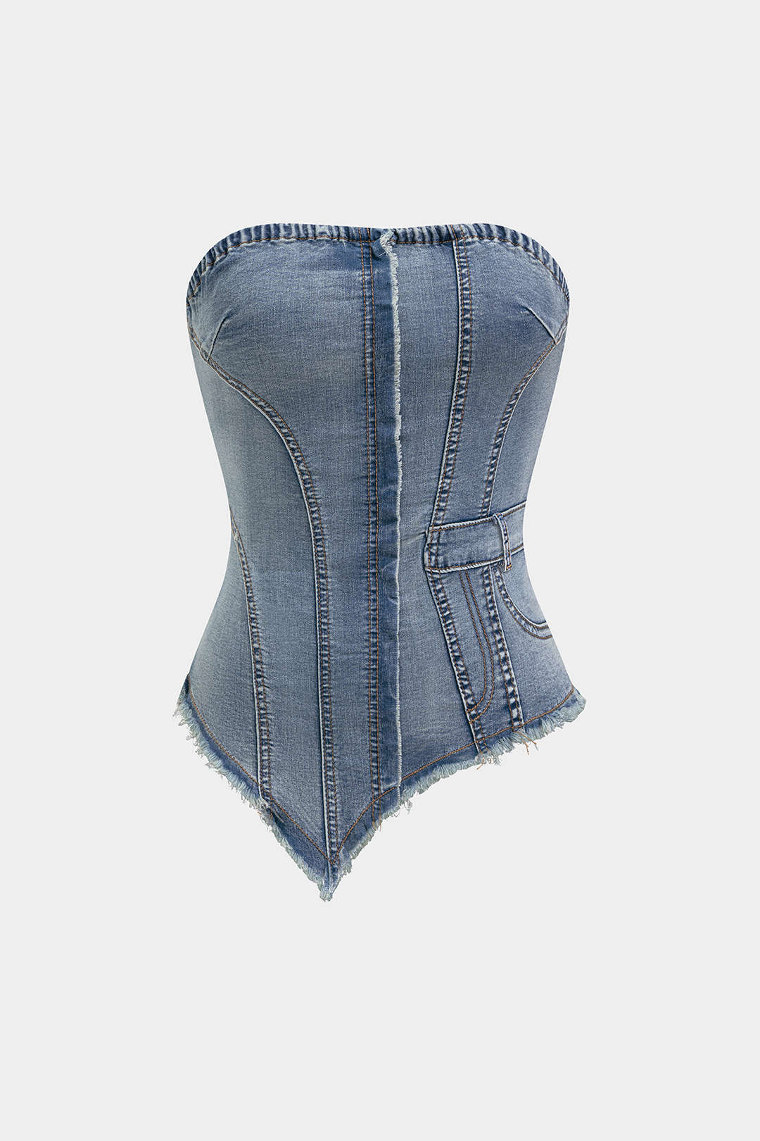 "Denim Frayed Asymmetrical Tube Top"