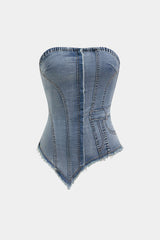 "Denim Frayed Asymmetrical Tube Top"