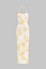 "3D Floral Print Halter Backless Sleeveless Maxi Dress"